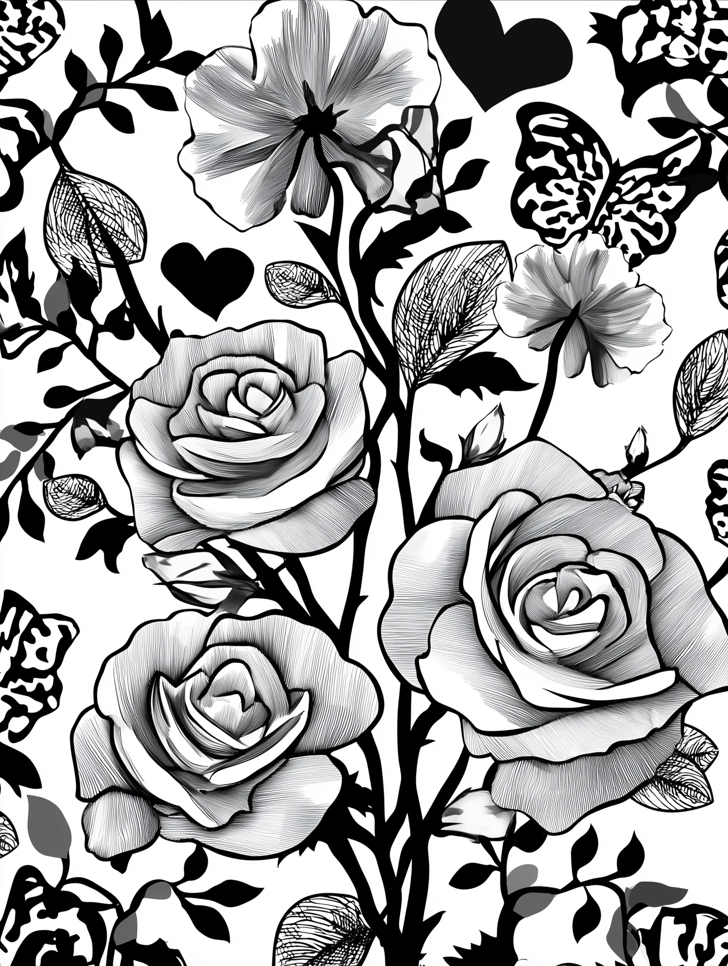 Free printable rose coloring page for adults featuring three large roses